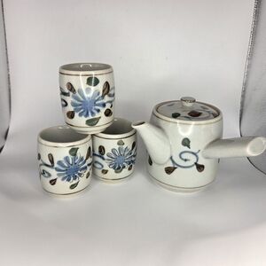 VTG Otagiri Blue Floral Gray Stoneware Art Pottery 3 Cup And Tea Pot Set Japan
